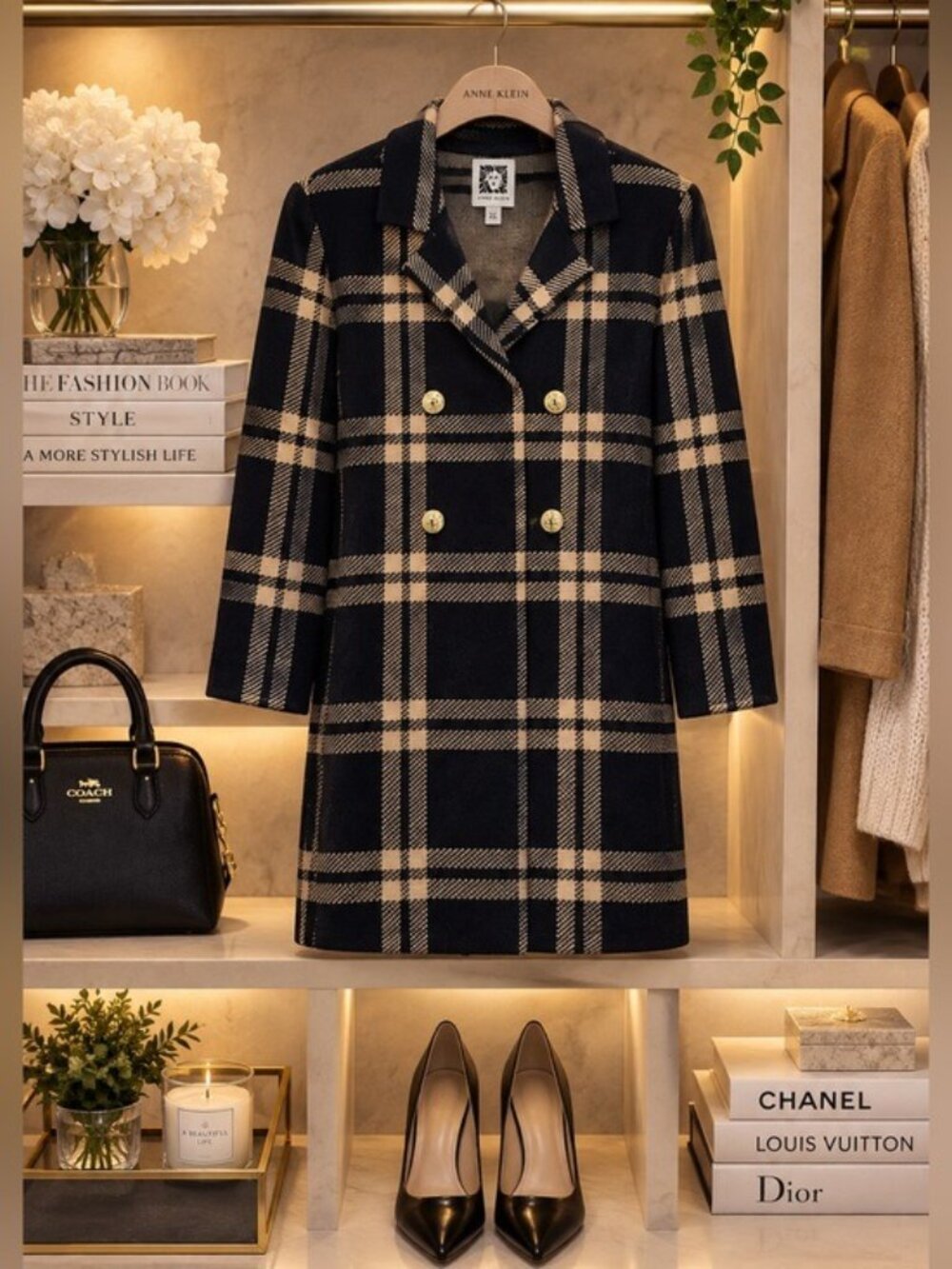 Anne Klein XL Plaid Cardigan Coat Navy Tan Gold Button Old Money Preppy Fall - Picture 2 of 13